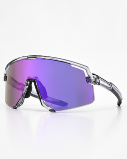 Venetian Semi-Rimless Sunglasses in crystal with purple mirror lens, three-quarter view showing the open lower edge