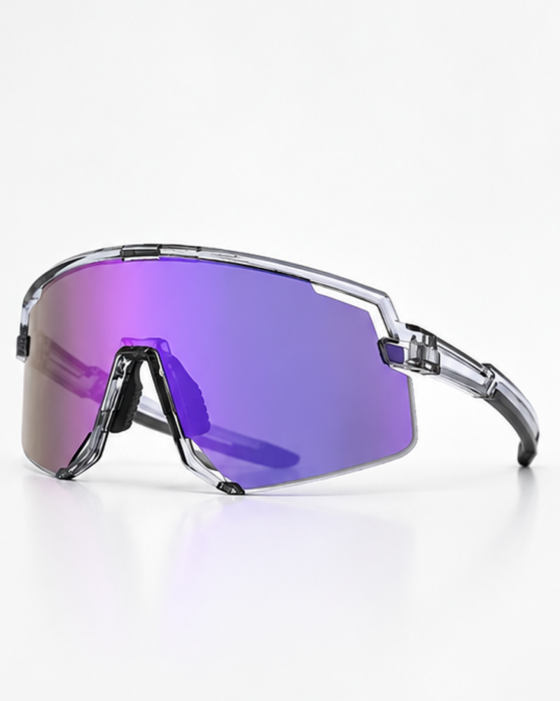 Venetian Semi-Rimless Sunglasses in crystal with purple mirror lens, three-quarter view showing the open lower edge