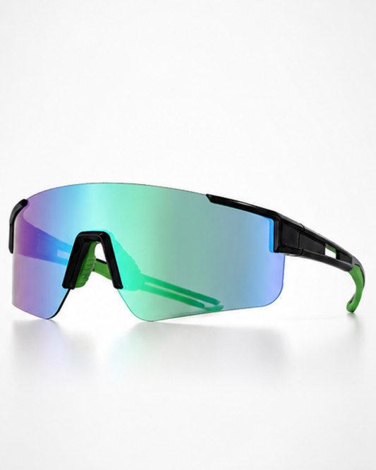 Rickenbacker frameless shield sunglasses at a three-quarter angle, black TR90 bar with green mirror lens