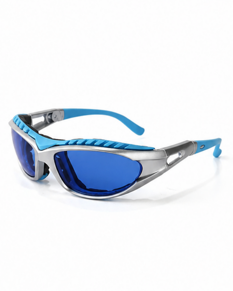 Doral training sunglasses, three-quarter view of the silver and blue full-rim wrap frame