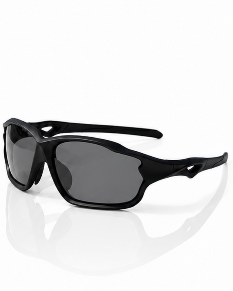 Coral Gables adjustable sunglasses in matte black, three-quarter view showing the full-rim frame and vented temple arms