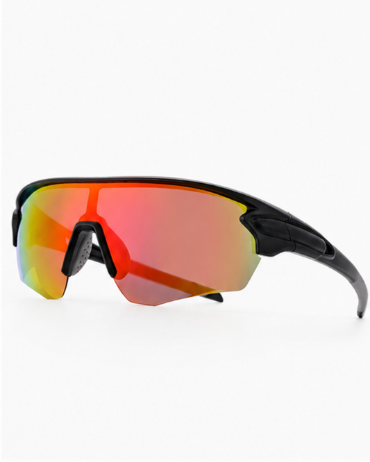 Crandon anti-fog sport sunglasses at a three-quarter angle, semi-rimless black TR90 frame with red mirror lens