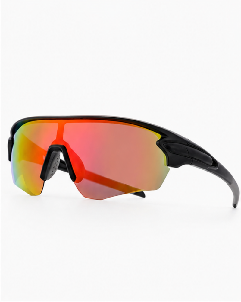 Crandon anti-fog sport sunglasses at a three-quarter angle, semi-rimless black TR90 frame with red mirror lens