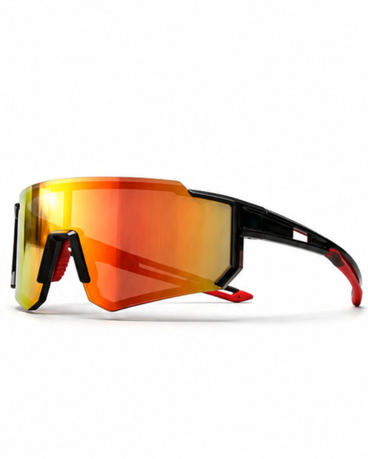 Edgewater wraparound cycling sunglasses at a three-quarter angle, black and red full-rim polycarbonate frame with orange mirror lens
