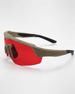 Virginia Key photochromic trail running sunglasses in olive with red lens, three-quarter view