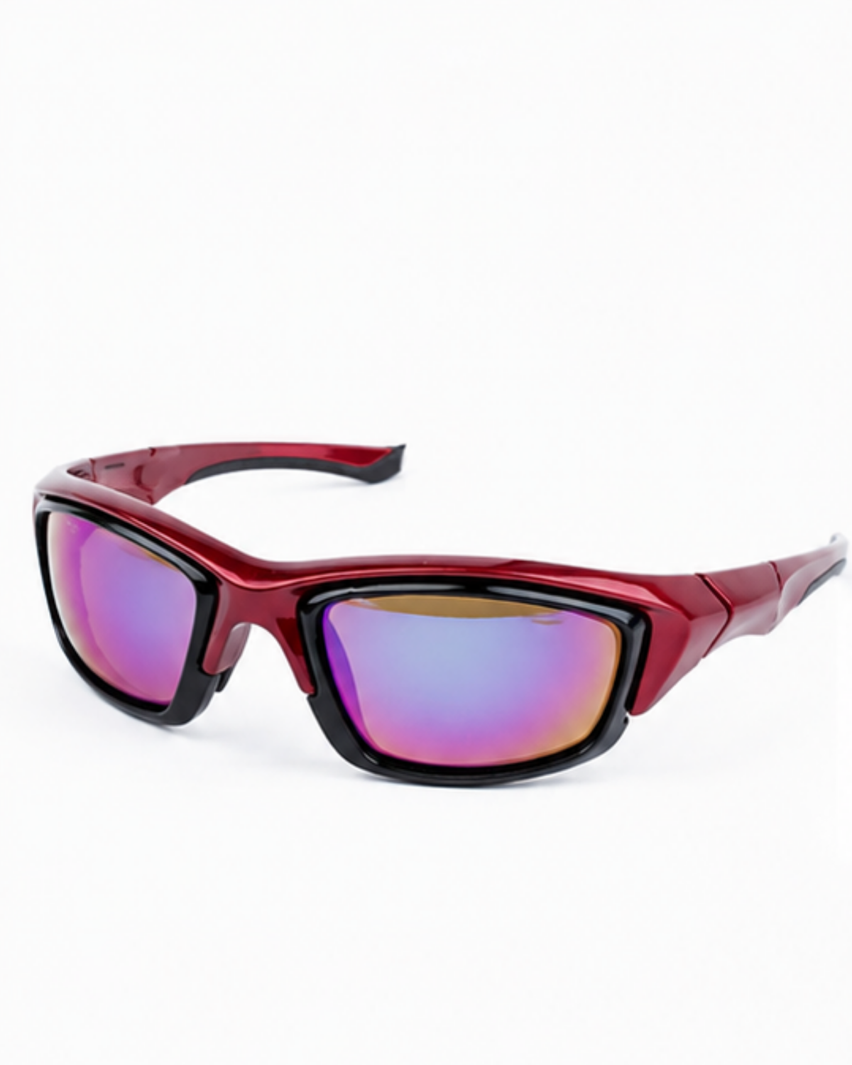 Overtown foam-padded windproof sunglasses in red TR90 with mirrored lens, three-quarter view