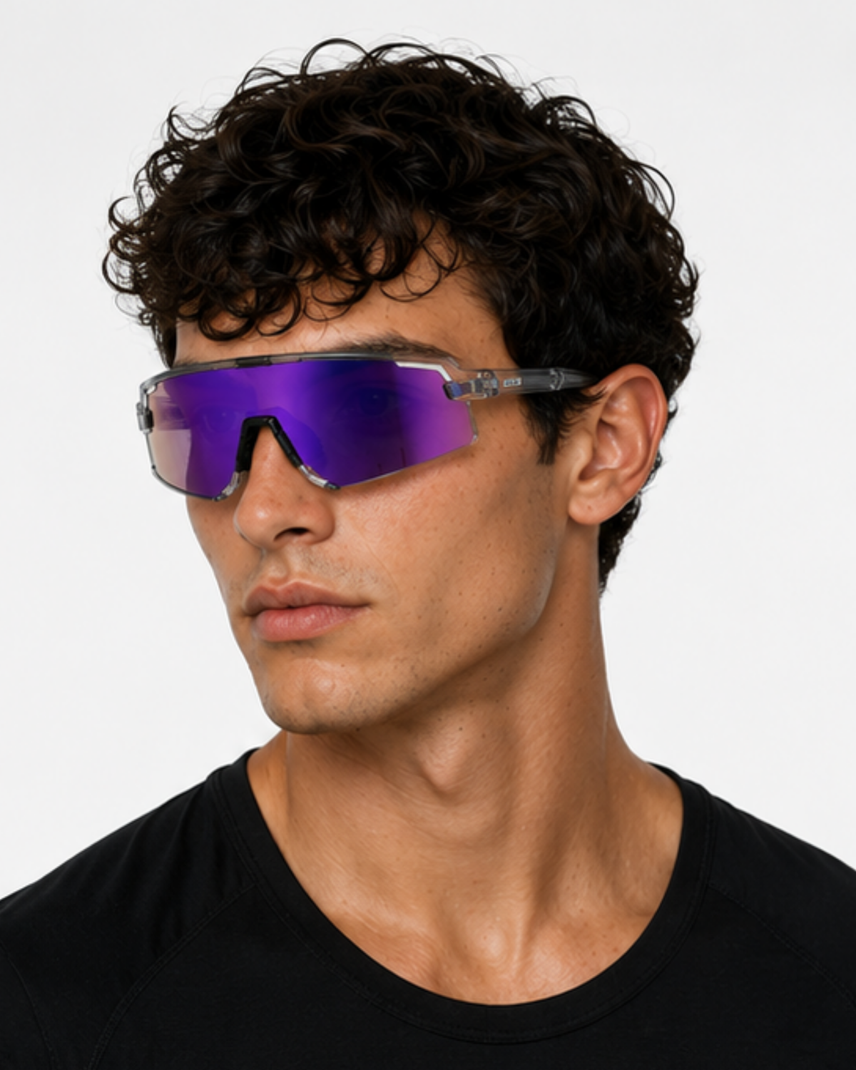 Runner wearing the Venetian Semi-Rimless Sunglasses, front view showing the single-piece shield lens