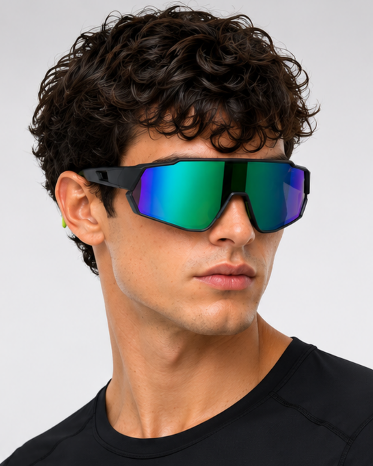 Man wearing the Wynwood Wide Shield Sunglasses, front view showing coverage past the corner of the eye