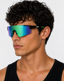Cyclist wearing the Rickenbacker frameless shield sunglasses, front view
