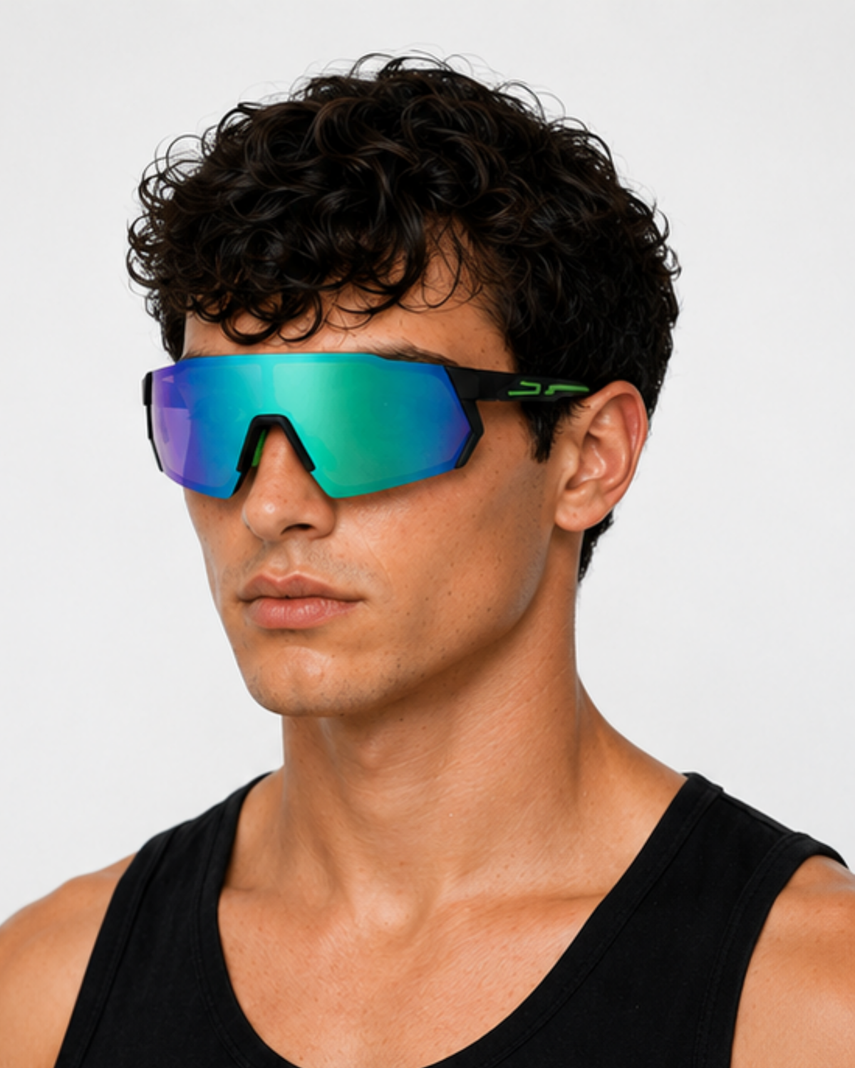 Bayside polarized sport sunglasses with green mirror lens and green temple accents