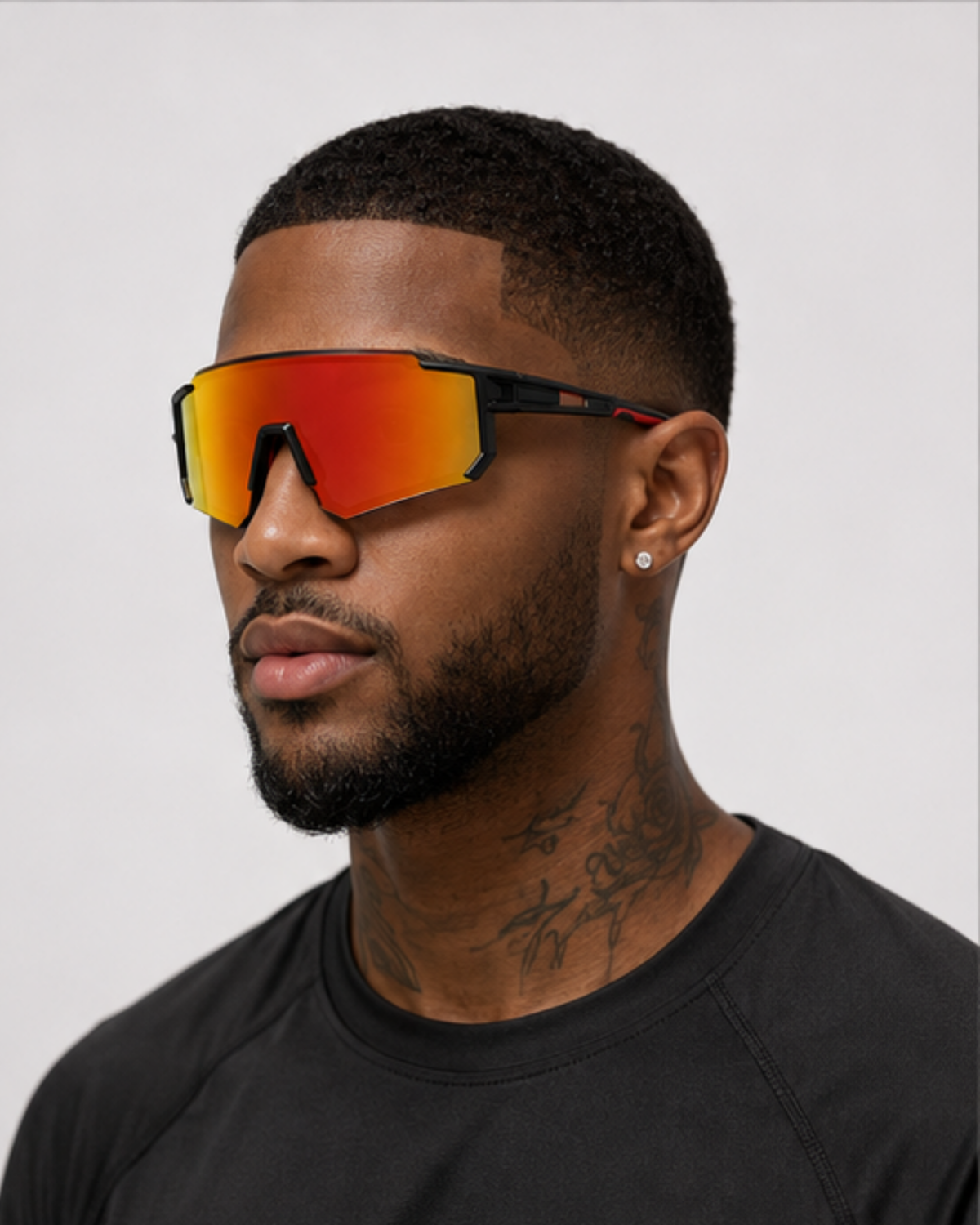 Runner wearing the Edgewater wraparound cycling sunglasses, front view showing the wide lens coverage