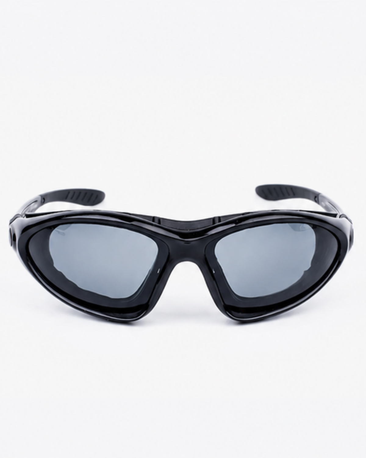 Morningside gravel sunglasses front view, black wrap frame with smoke polycarbonate lenses