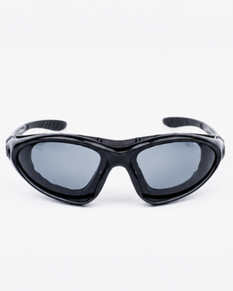 Morningside gravel sunglasses front view, black wrap frame with smoke polycarbonate lenses