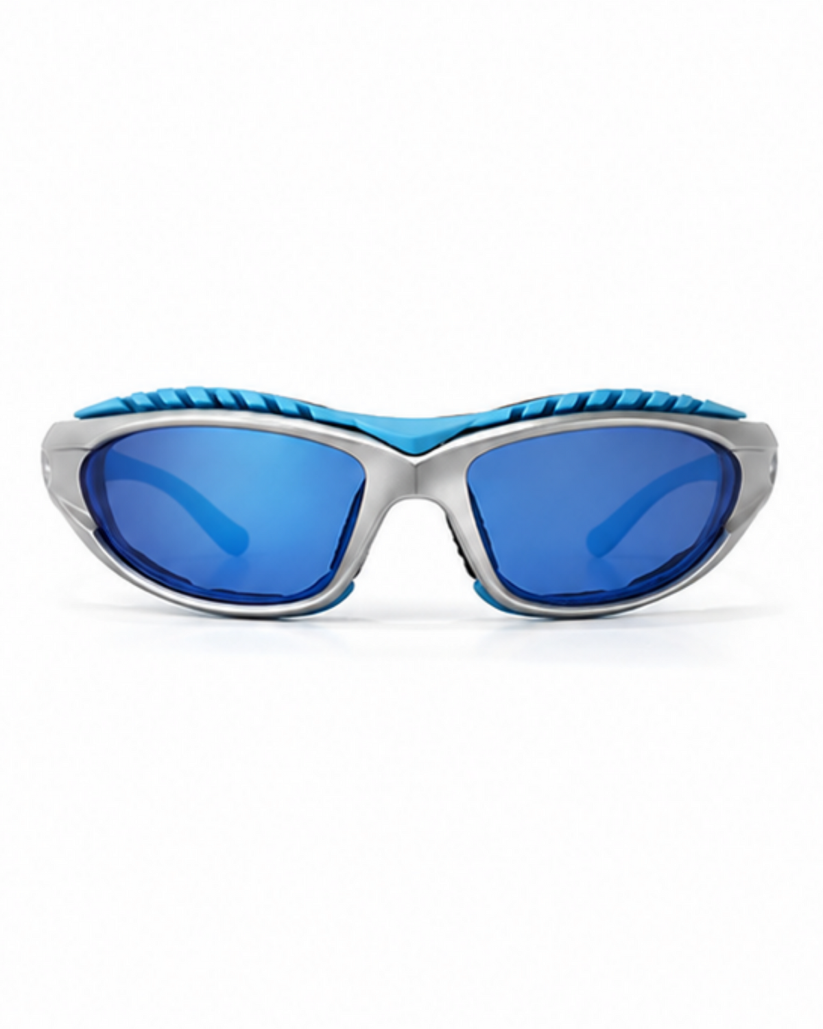 Front view of the Doral training sunglasses showing the closed full-rim wrap and blue lenses