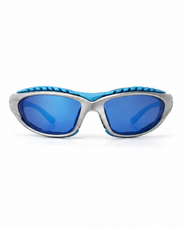 Front view of the Doral training sunglasses showing the closed full-rim wrap and blue lenses