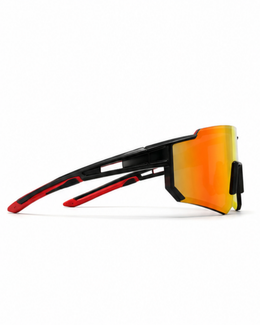 Side view of the Edgewater temple arm, slim enough to clear a helmet strap, with red rubber tip