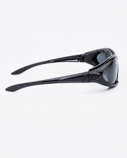 Morningside gravel sunglasses side view showing the temple arm and wrap profile