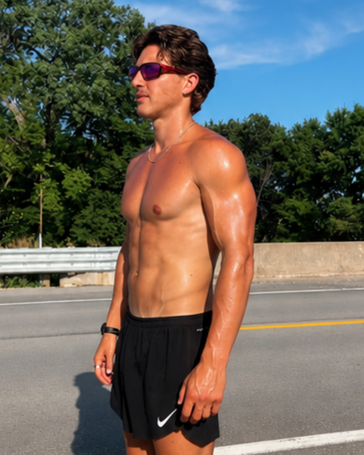 Runner on an open road wearing the red Overtown padded sunglasses