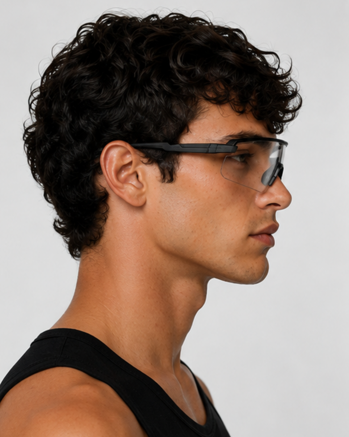 Profile of a man in the Flagler Clear Lens Sunglasses showing the high lower lens cut