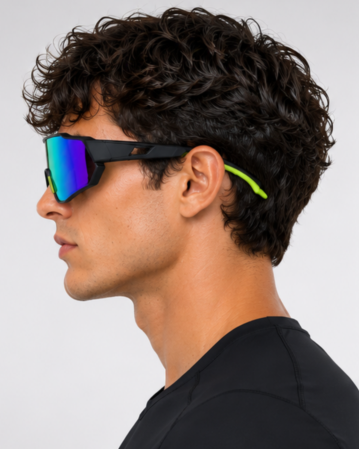 Profile of a man in the Wynwood Wide Shield Sunglasses showing how far back the lens wraps