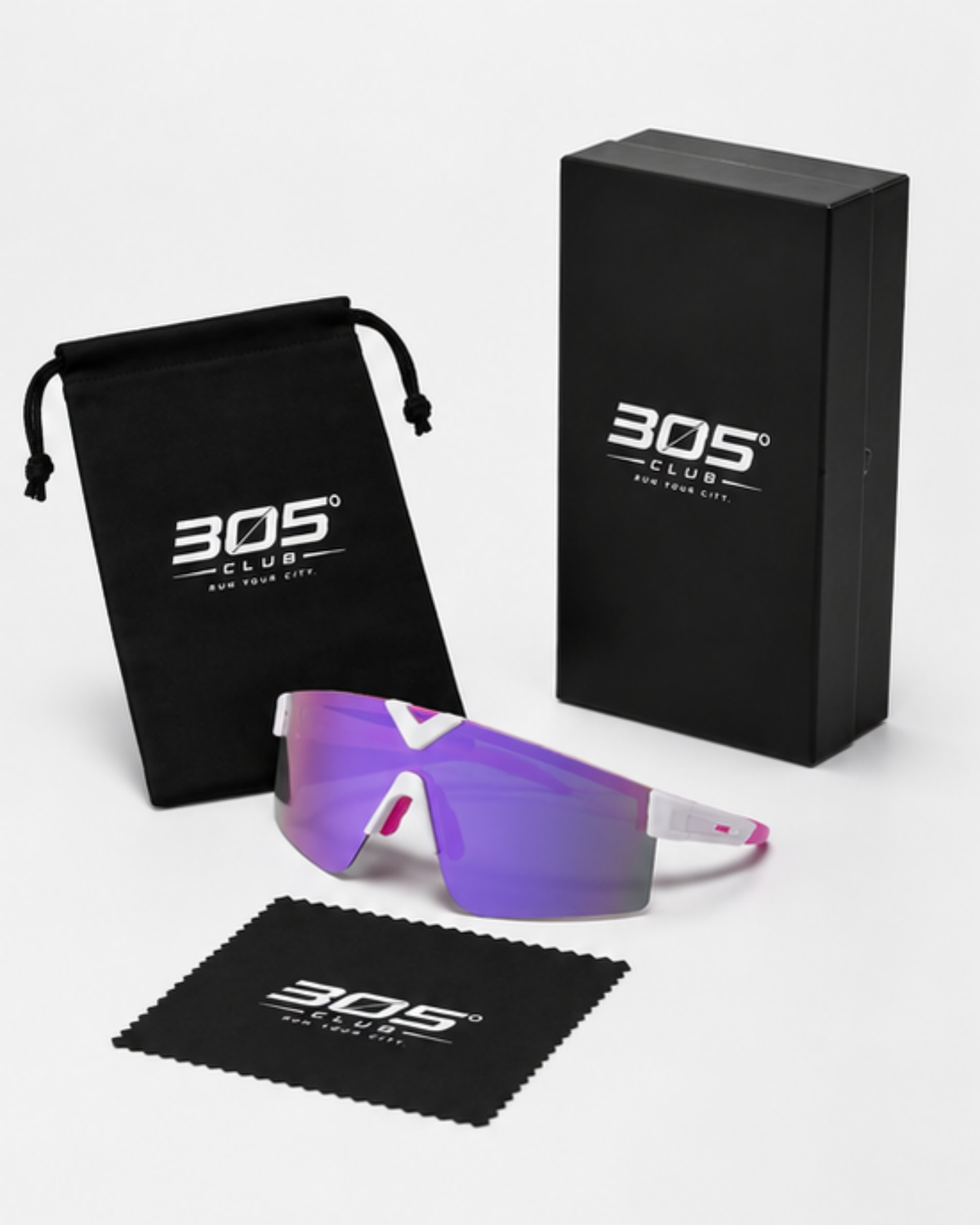 Surfside light-adaptive sunglasses with the 305 Club presentation box, microfibre pouch and cleaning cloth