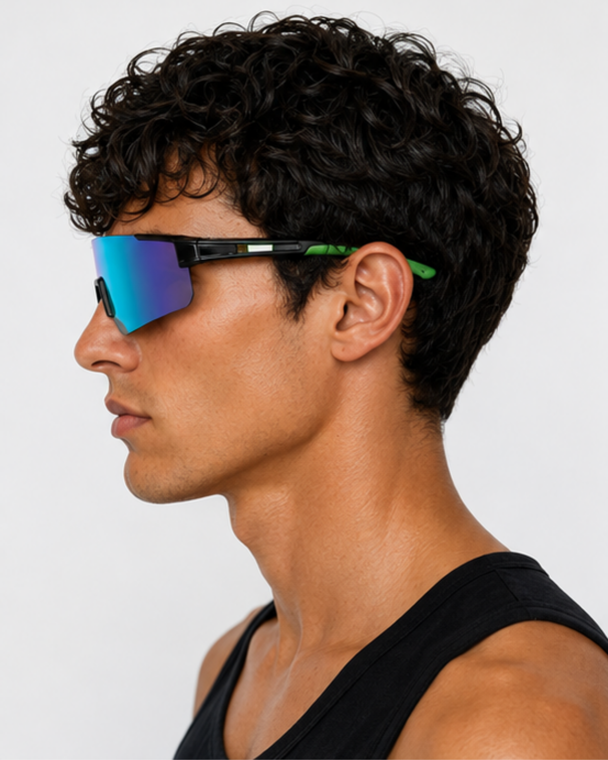 Side profile of an athlete wearing the Rickenbacker frameless shield sunglasses