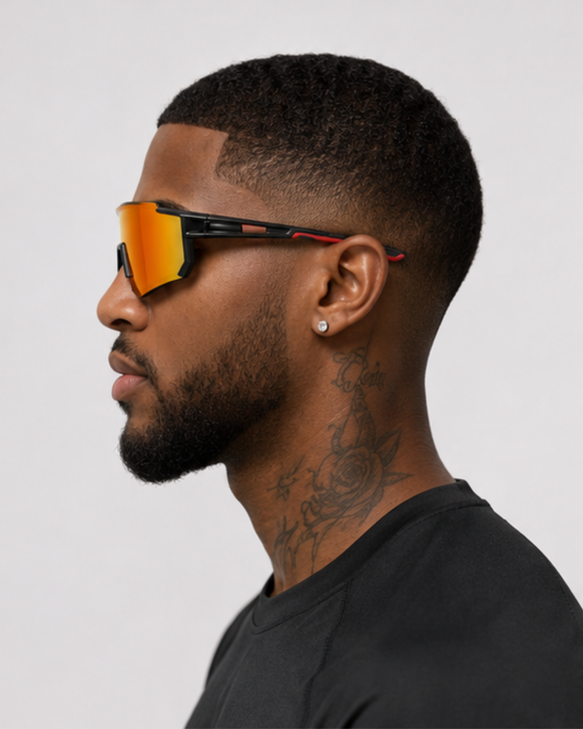 Profile view of the Edgewater wraparound sunglasses worn, showing how close the frame sits to the temple