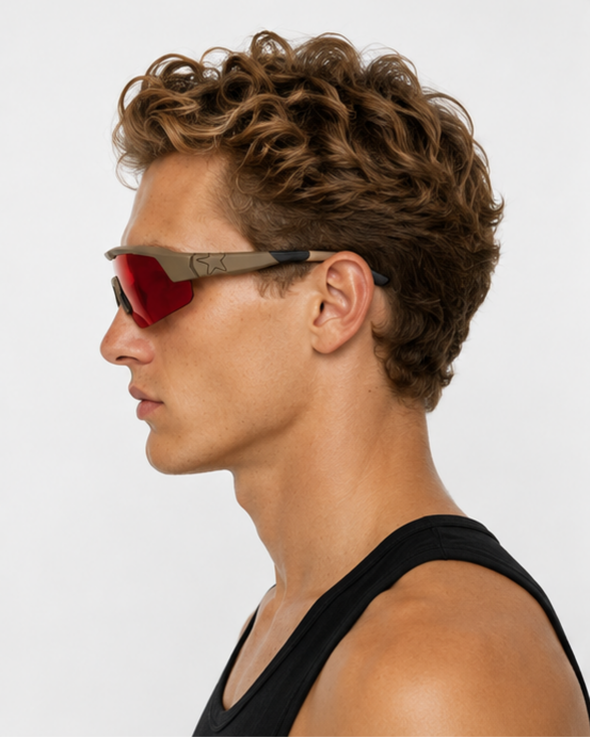 Virginia Key trail sunglasses angled to show the wrapped shield profile that blocks wind