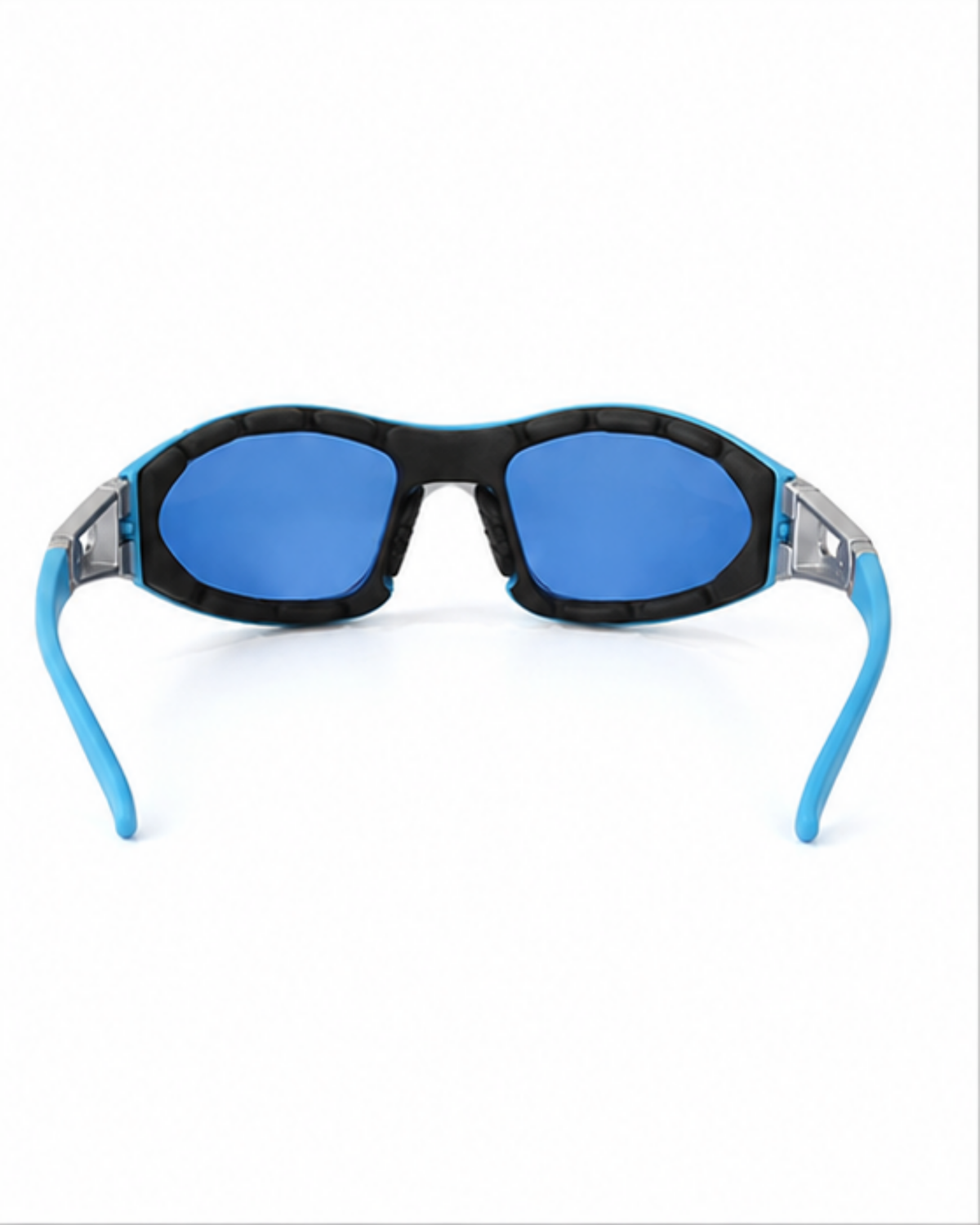 Rear view of the Doral training sunglasses showing the moulded inner rim and blue lenses
