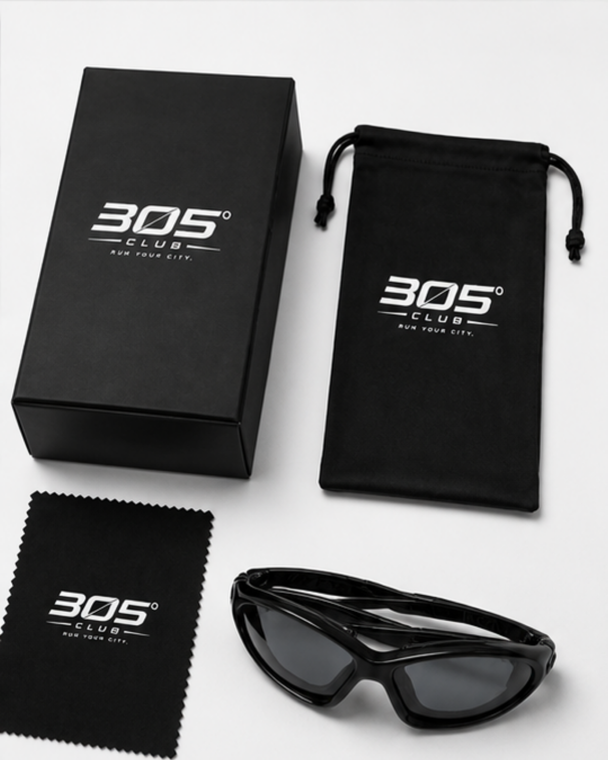 Morningside gravel sunglasses with 305 Club hard case, microfibre pouch and cleaning cloth
