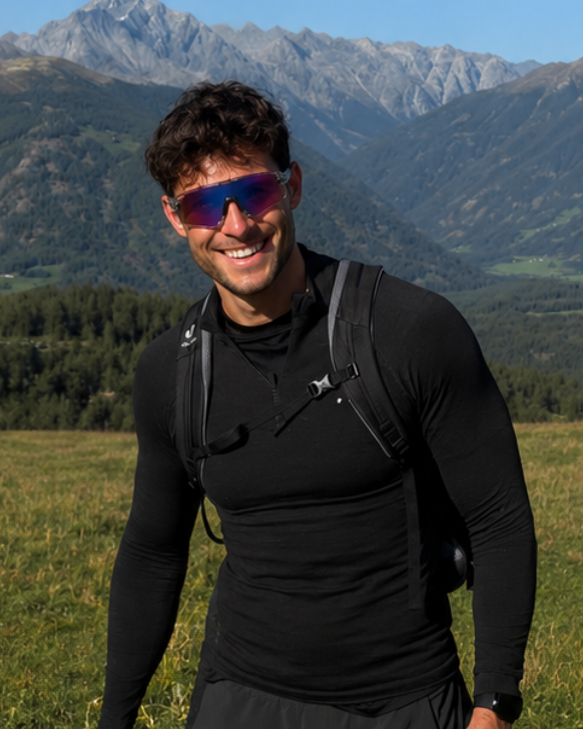 Trail runner in mountain terrain wearing the Venetian Semi-Rimless Sunglasses in bright sun