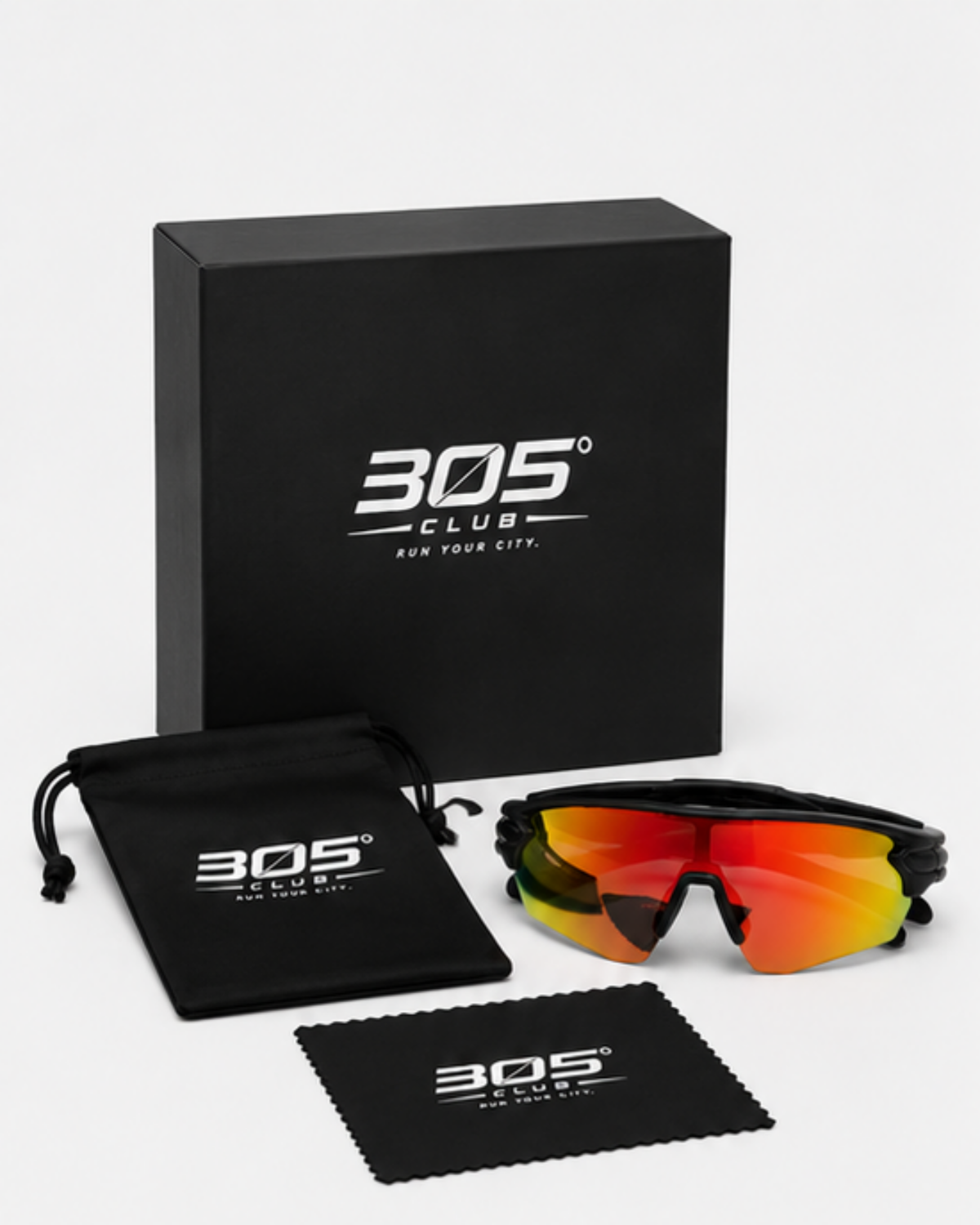 Crandon anti-fog sunglasses with the 305 Club presentation box, microfibre pouch and cleaning cloth