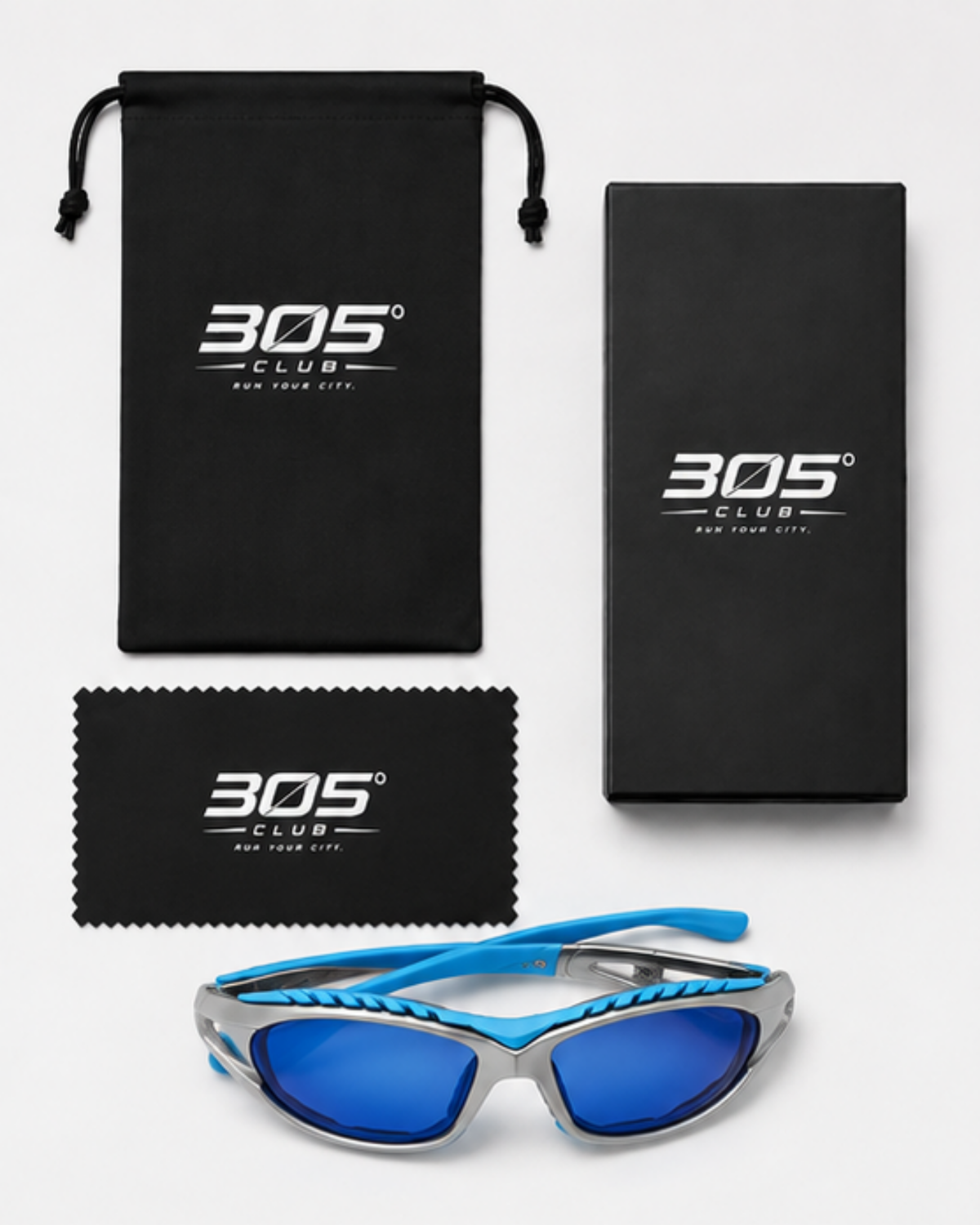 Doral training sunglasses with the included hard case, microfibre pouch and cleaning cloth