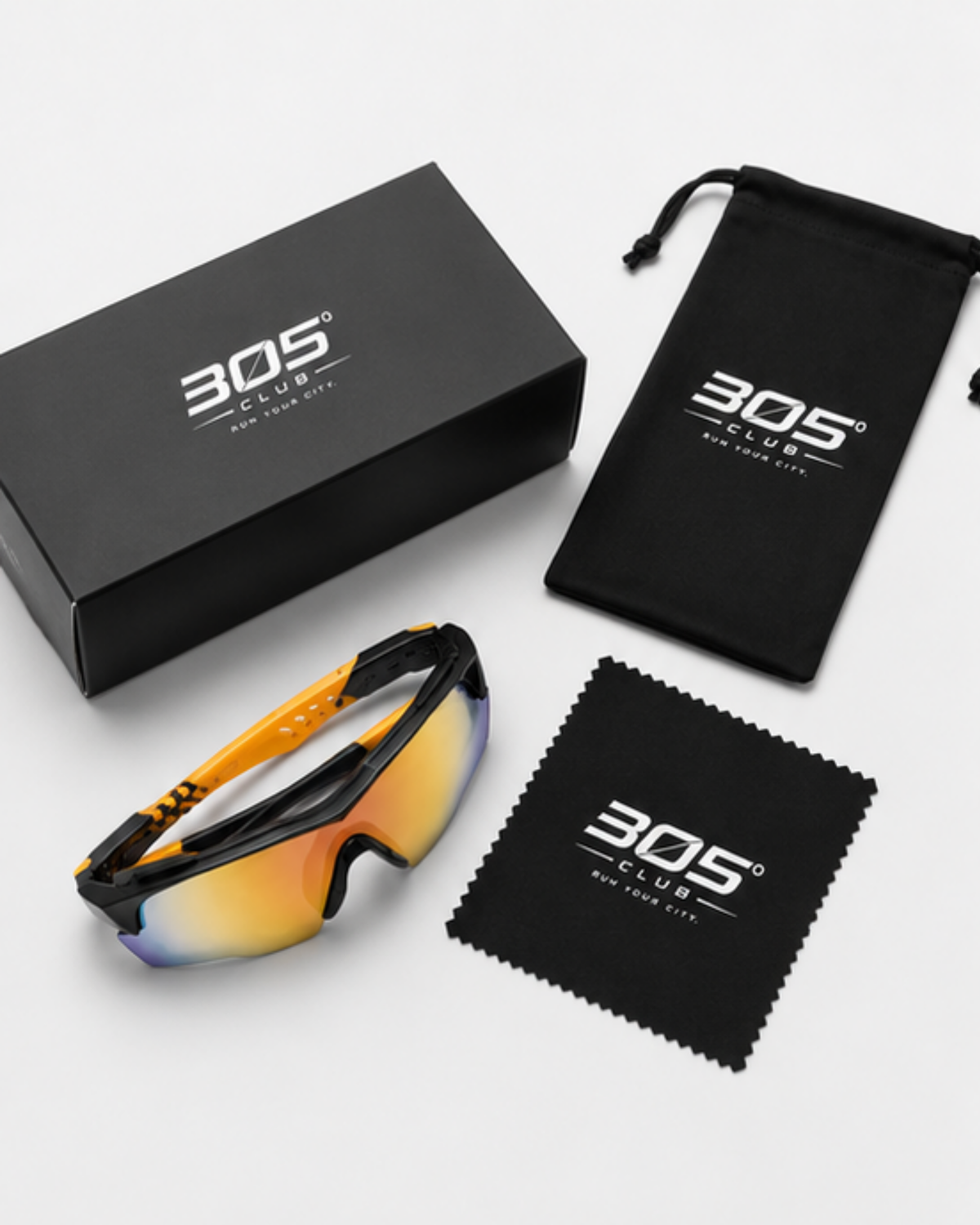 Coconut Grove commuter sunglasses with the 305 Club presentation box, microfibre pouch and cleaning cloth