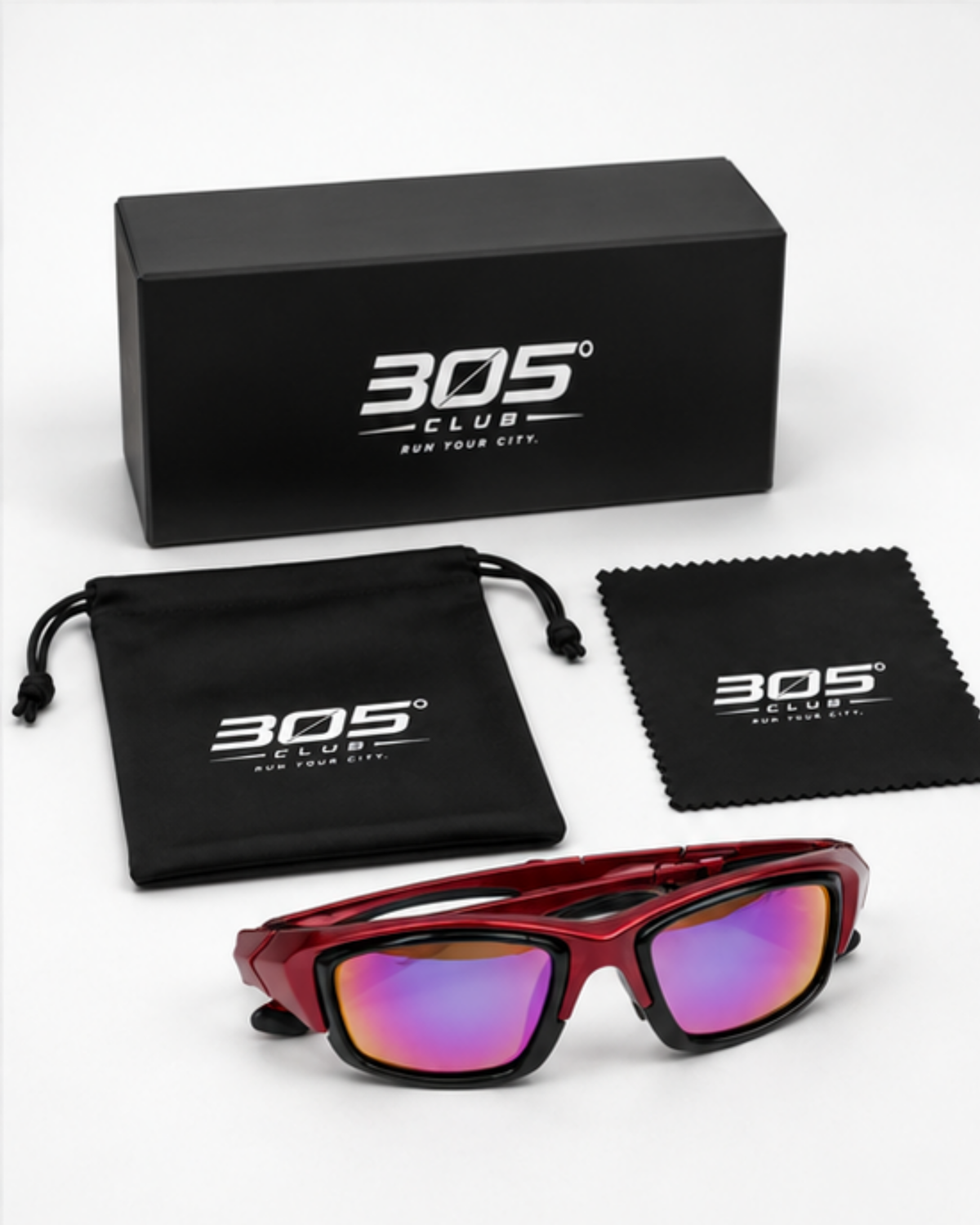 305 Club presentation box with microfibre pouch and cleaning cloth included with Overtown sunglasses