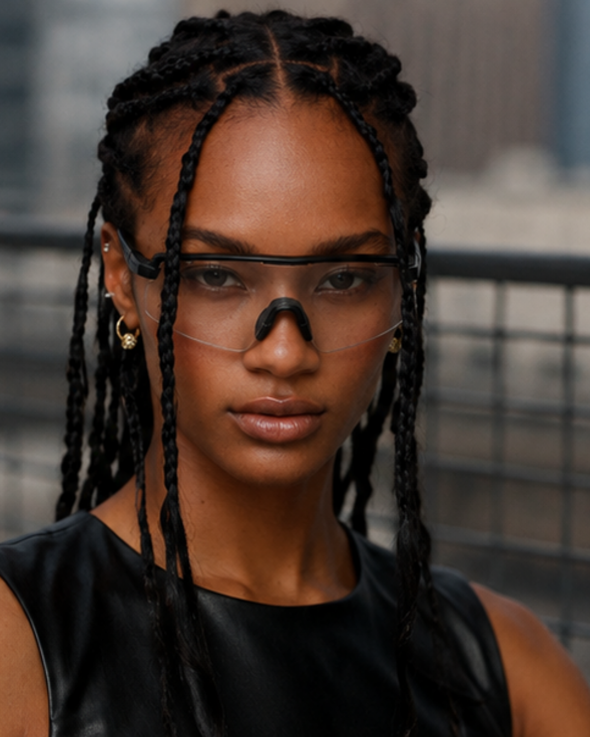 Woman wearing the Flagler Clear Lens Sunglasses outdoors in daylight, lens lightly tinted