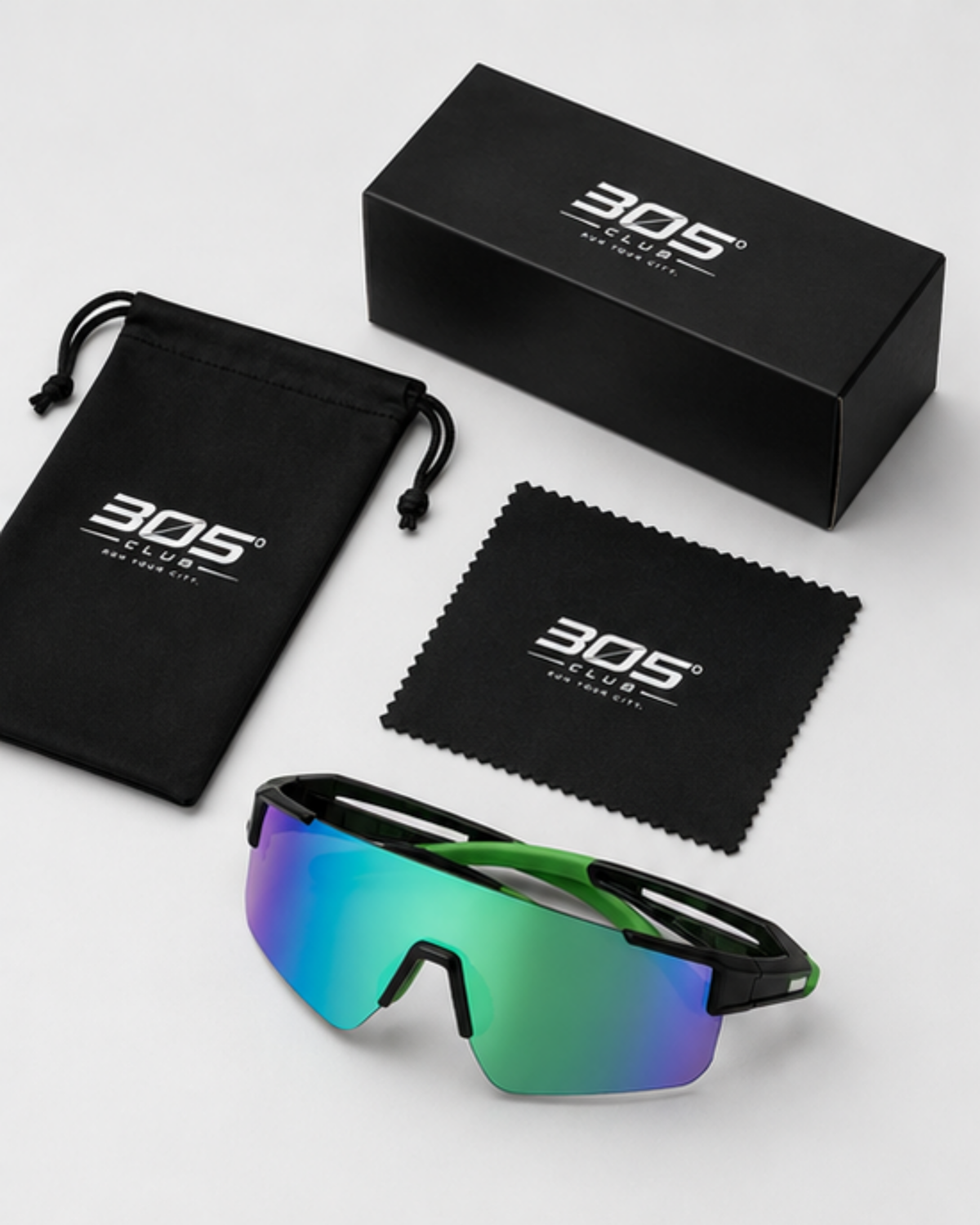 Rickenbacker frameless sunglasses with 305 Club presentation box, microfibre pouch and cleaning cloth