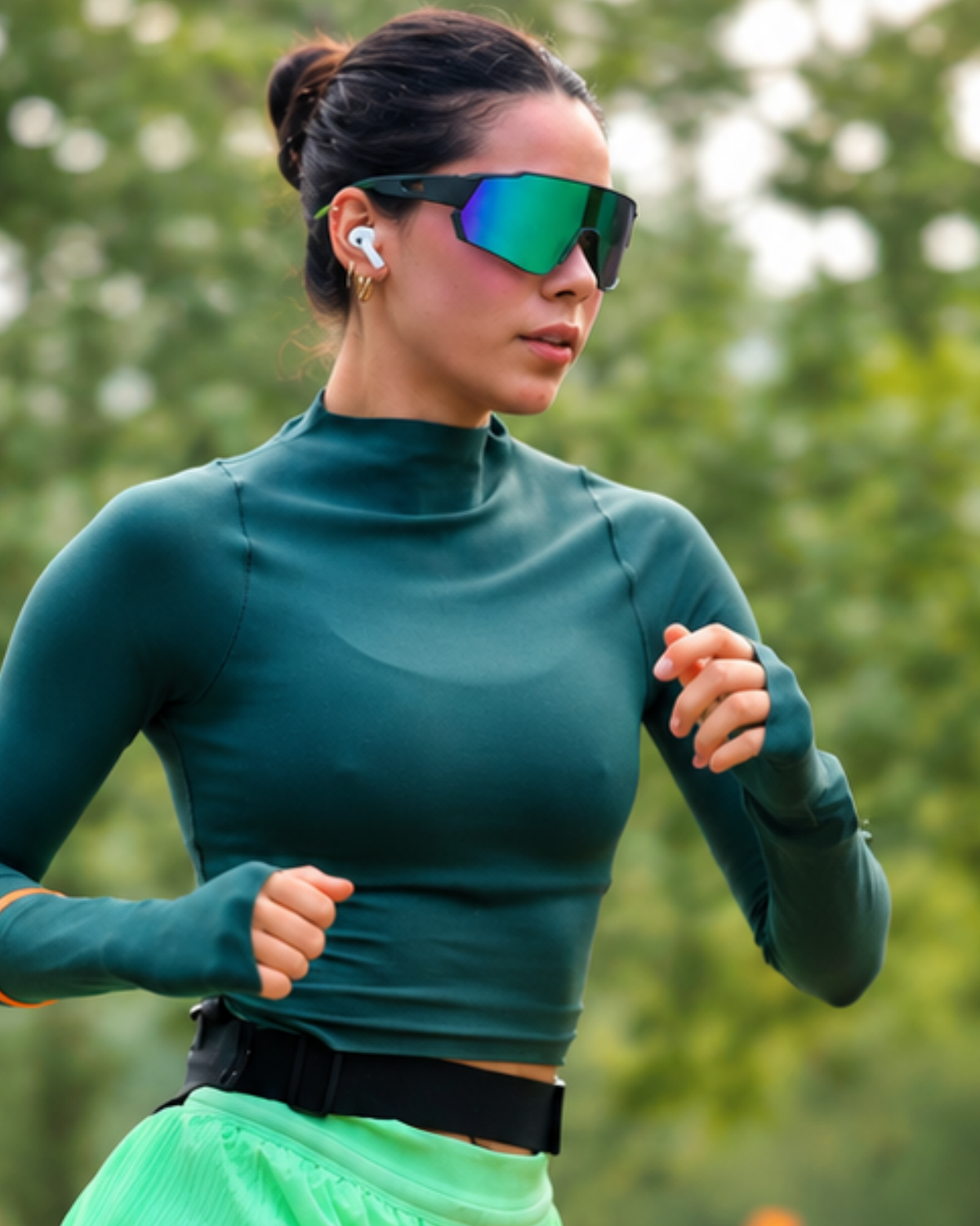 Woman running outdoors in the Wynwood Wide Shield Sunglasses with green mirror lens