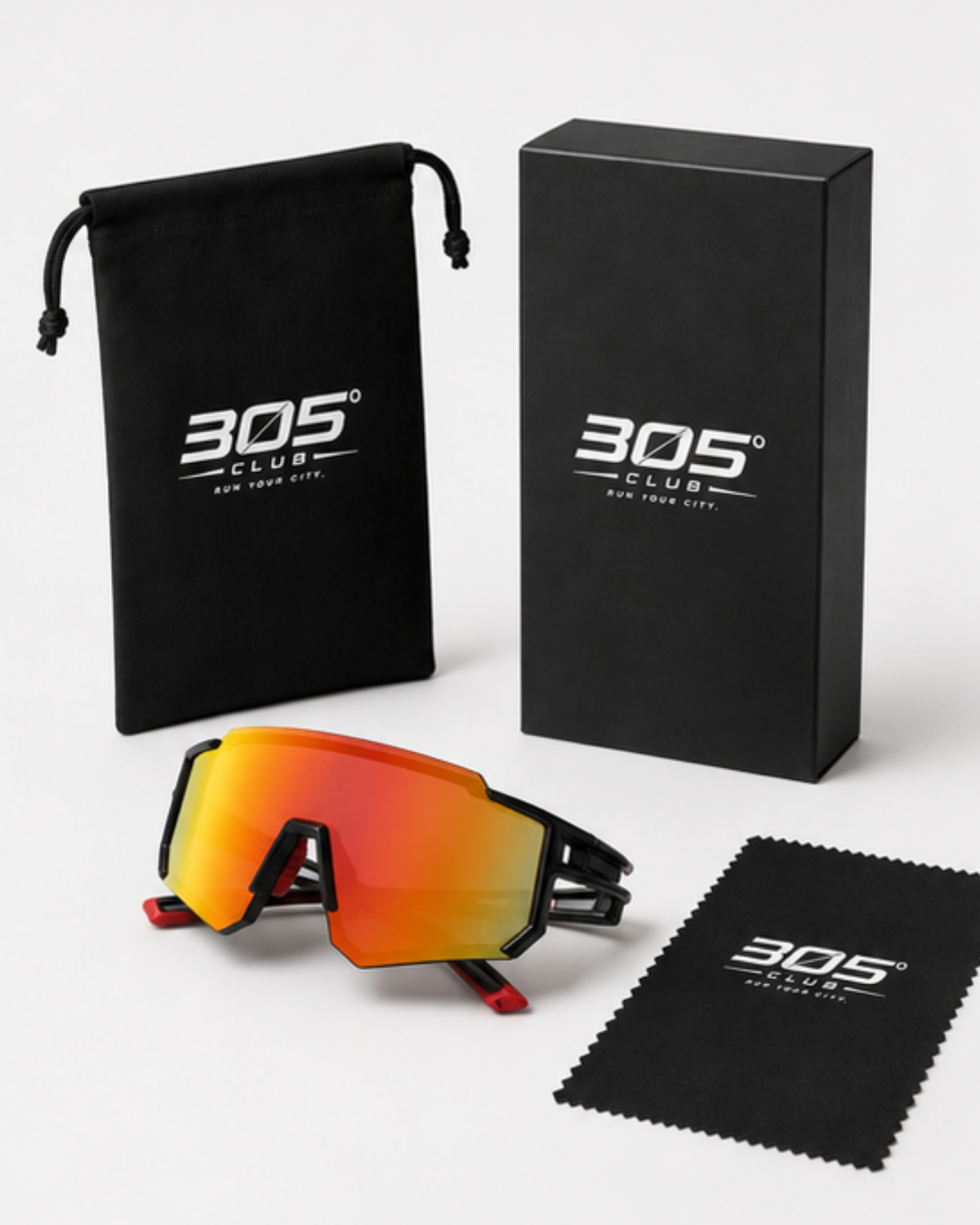 Edgewater wraparound sunglasses with the 305 Club presentation box, microfibre pouch and cleaning cloth