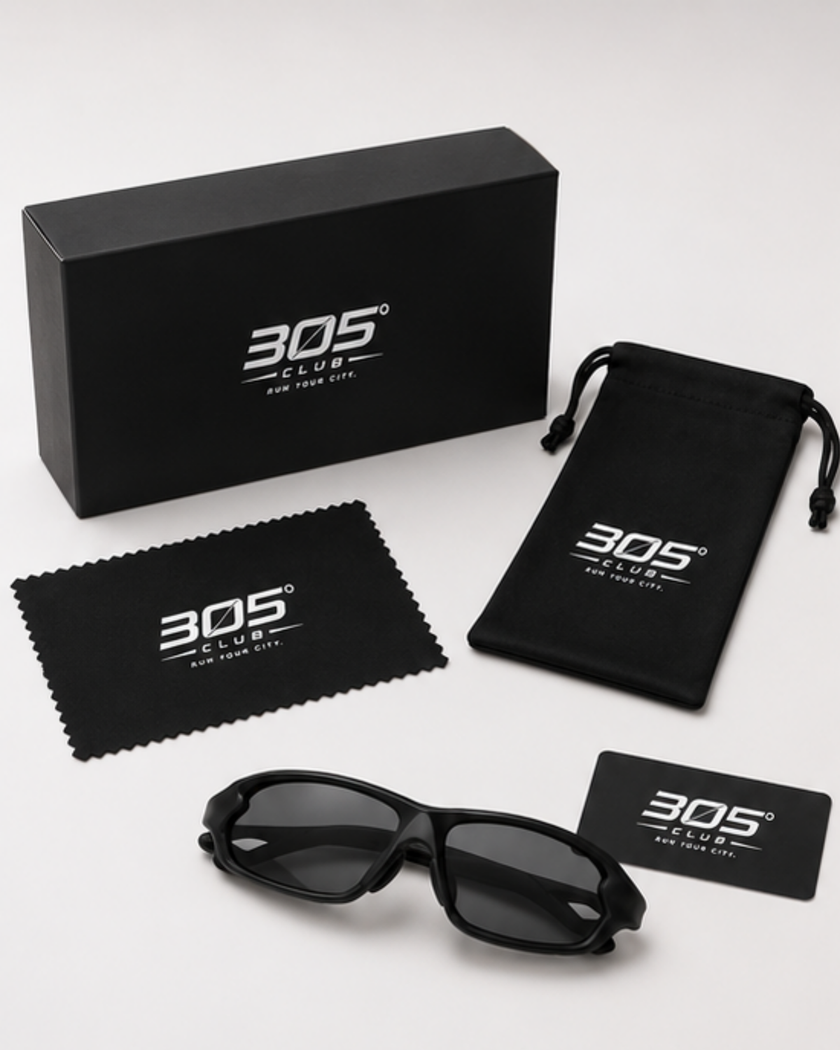 Coral Gables sunglasses with the 305 Club presentation box, microfibre pouch and cleaning cloth