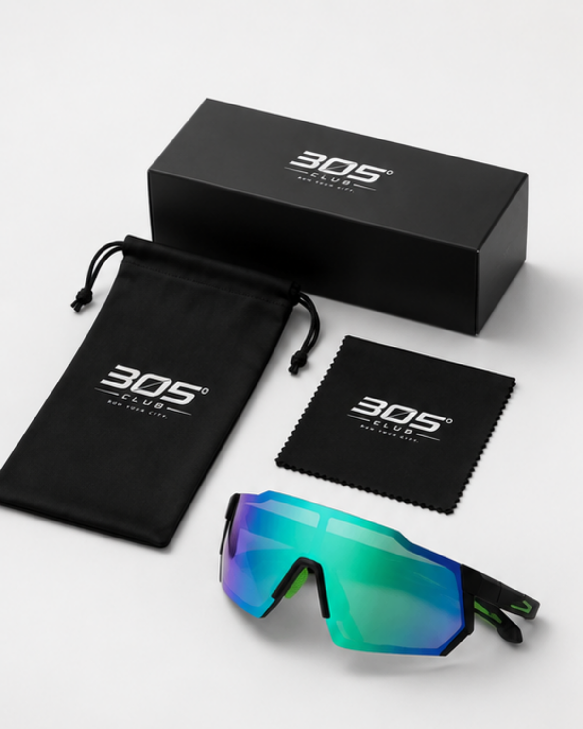 305 Club presentation box with microfibre pouch and cleaning cloth included with Bayside sunglasses
