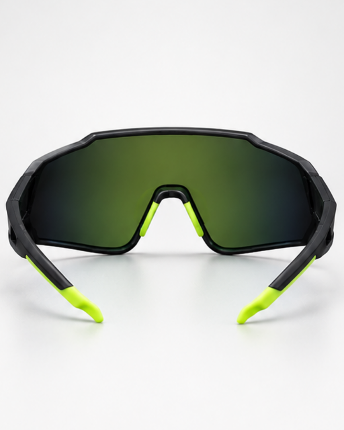 Rear view of the Wynwood Wide Shield Sunglasses showing the moulded lime bridge and hooked temple tips